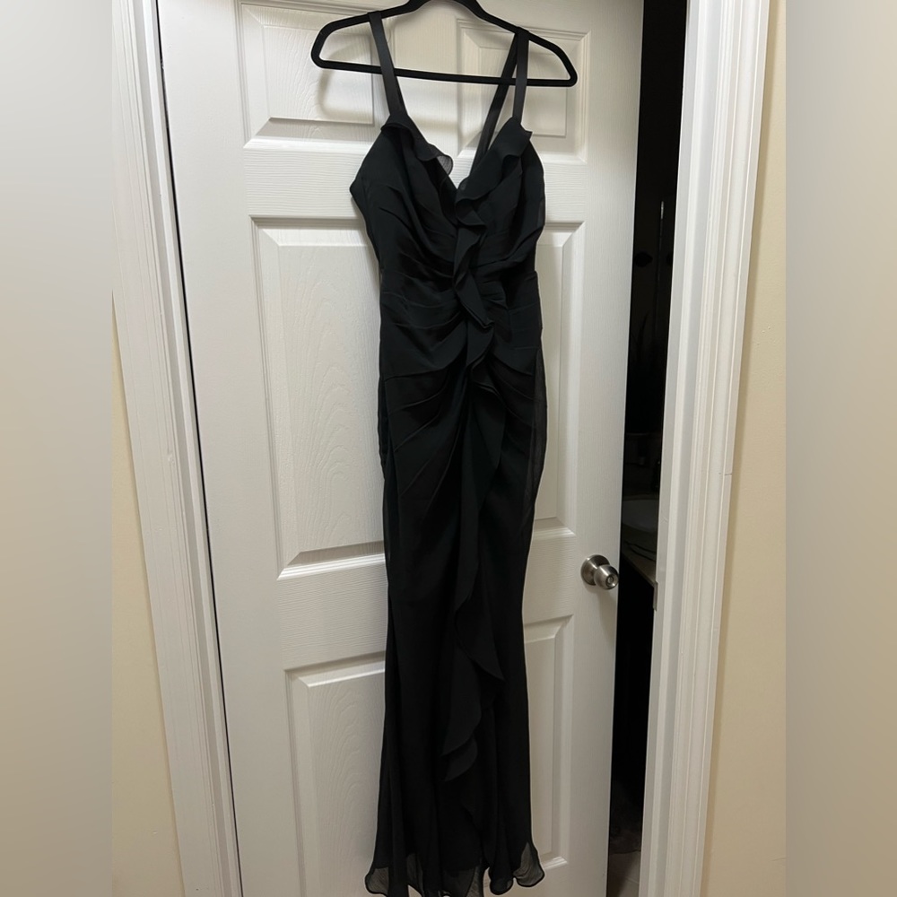Black vera wang bridesmaids dress with chiffon crepe fabric and ruffle